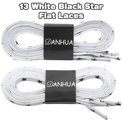 DANHUA Colored Printed Flat Shoelaces: 2 Pair White Black Star Patterned Shoe Laces for Sneakers 55 inch - Image 2