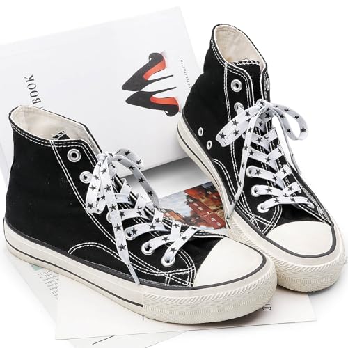 DANHUA Colored Printed Flat Shoelaces: 2 Pair White Black Star Patterned Shoe Laces for Sneakers 55 inch - Image 4