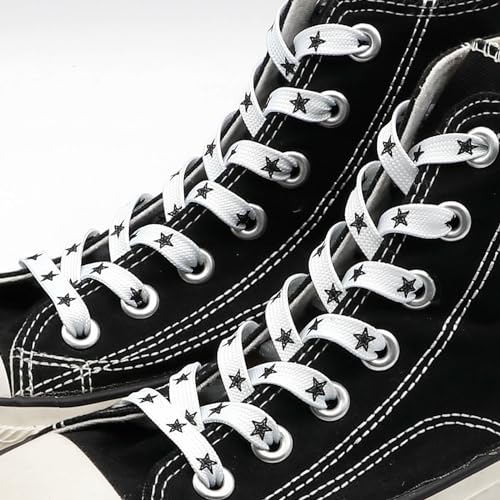 DANHUA Colored Printed Flat Shoelaces: 2 Pair White Black Star Patterned Shoe Laces for Sneakers 55 inch - Image 3