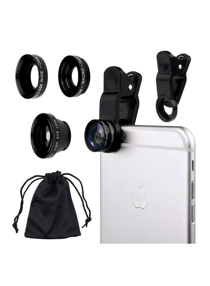 3 in 1 Universal Cell Phone Camera Lens Kit 180 degree Fish Eye Lens/0.67X Wide Angle Lens/25X Macro Lens/Lens Clip  - Image 1