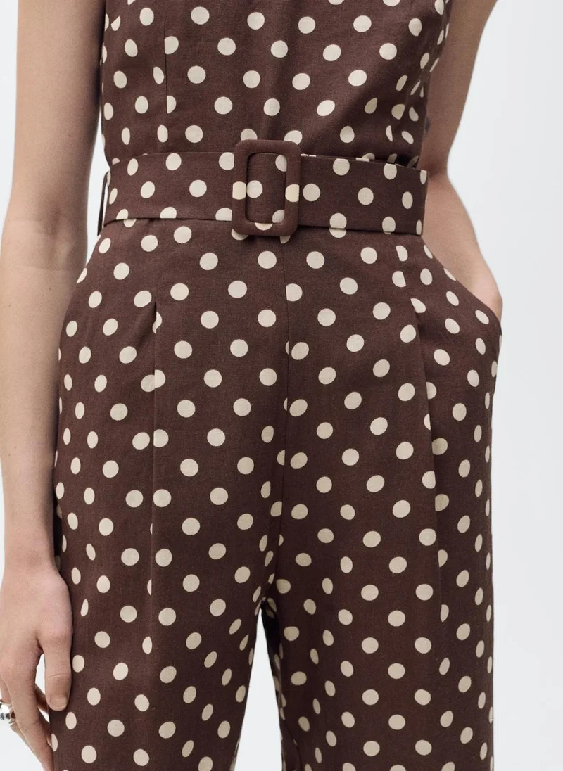 مانجو Belted Linen Jumpsuit With Polka Dots