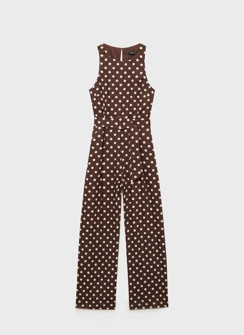 مانجو Belted Linen Jumpsuit With Polka Dots