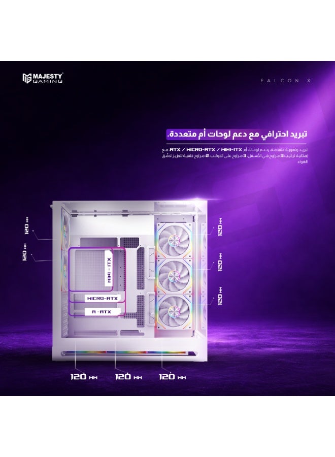 ماجيستي صندوق كمبيوتر ماجيستي ميد تاور فالكون اكس | تصميم احترافي هاي-إند | 8 مراوح ARGB إنفينيتي 120 ملم مثبتة | دعم ATX | يدعم مبرد مائي 360mm | منافذ Type-Cو2×USB 3.0 | تصميم يدعم التوصيل الخلفي | أبيض - Image 3