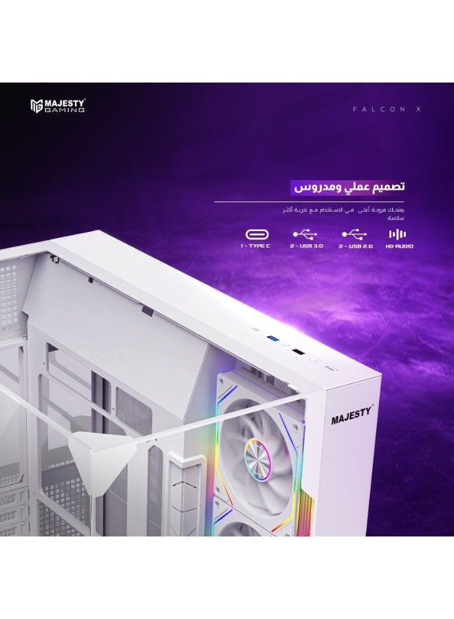ماجيستي صندوق كمبيوتر ماجيستي ميد تاور فالكون اكس | تصميم احترافي هاي-إند | 8 مراوح ARGB إنفينيتي 120 ملم مثبتة | دعم ATX | يدعم مبرد مائي 360mm | منافذ Type-Cو2×USB 3.0 | تصميم يدعم التوصيل الخلفي | أبيض - Image 4
