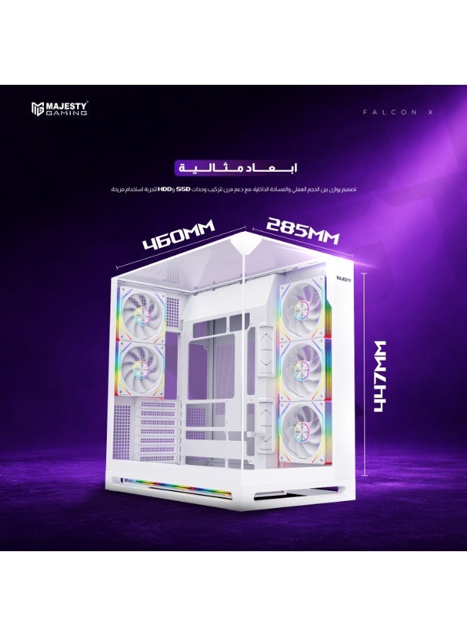 ماجيستي صندوق كمبيوتر ماجيستي ميد تاور فالكون اكس | تصميم احترافي هاي-إند | 8 مراوح ARGB إنفينيتي 120 ملم مثبتة | دعم ATX | يدعم مبرد مائي 360mm | منافذ Type-Cو2×USB 3.0 | تصميم يدعم التوصيل الخلفي | أبيض - Image 5