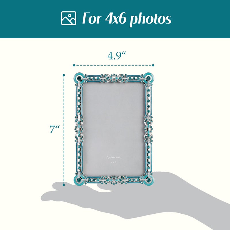 Synovana Romantic Jeweled 4x6 Photo Frame â€“ Silver with Blue Crystal Accents, Ornate Vintage-Style Picture Frame for Tabletop Display Gift - Image 2