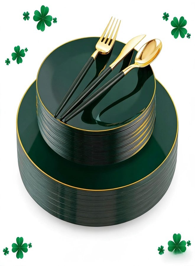 Liacere 150PCS Green Plastic Plates - Gold Plastic Silverware with Green Handle - Heavy Duty Fancy Plastic Plates Disposable Include 30 Guests Plates, Forks, Spoons, Knives for wedding＆Labor Day - Image 1
