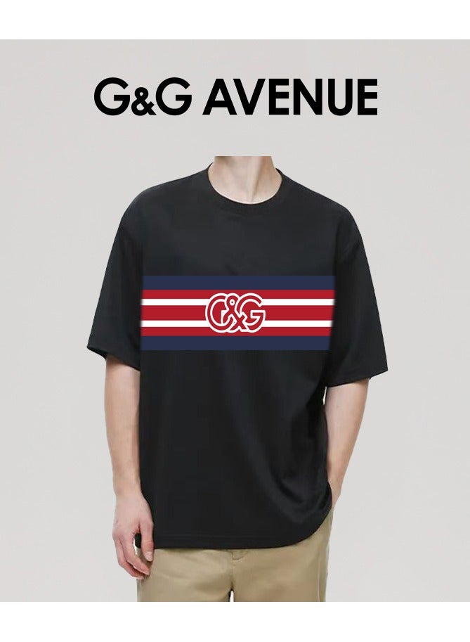 G&G AVENUE Men's Oversized short sleeved round neck T-shirt, made of cotton, black, with iconic embroidered letters Heavy cotton fabric  - Image 4