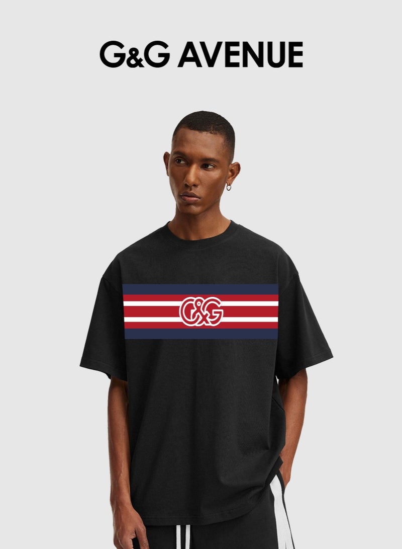 G&G AVENUE Men's Oversized short sleeved round neck T-shirt, made of cotton, black, with iconic embroidered letters Heavy cotton fabric  - Image 1