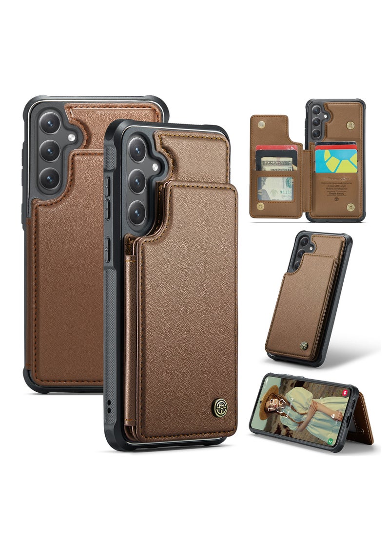 CaseMe Wallet Case for Samsung Galaxy S24 Plus, Premium Handmade Durable PU Leather Slim Shockproof Case with [Double Magnetic Clasp] [Card Holder] [Kickstand] [RFID Blocking] (Brown) - Image 2