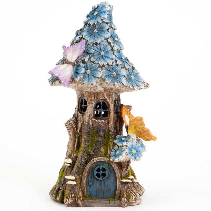 Bits and Pieces  Solar Butterfly and Blue Daisies Fairy House  Unique Lawn and Garden Dcor