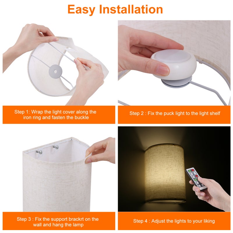 Neoglint RGBW Retro Wall Lamp Fabric Shade Wall Sconce Dimmable Wall Light Fixtures with Remote Controller for Bedroom Living Room, 2 Packs - Image 2