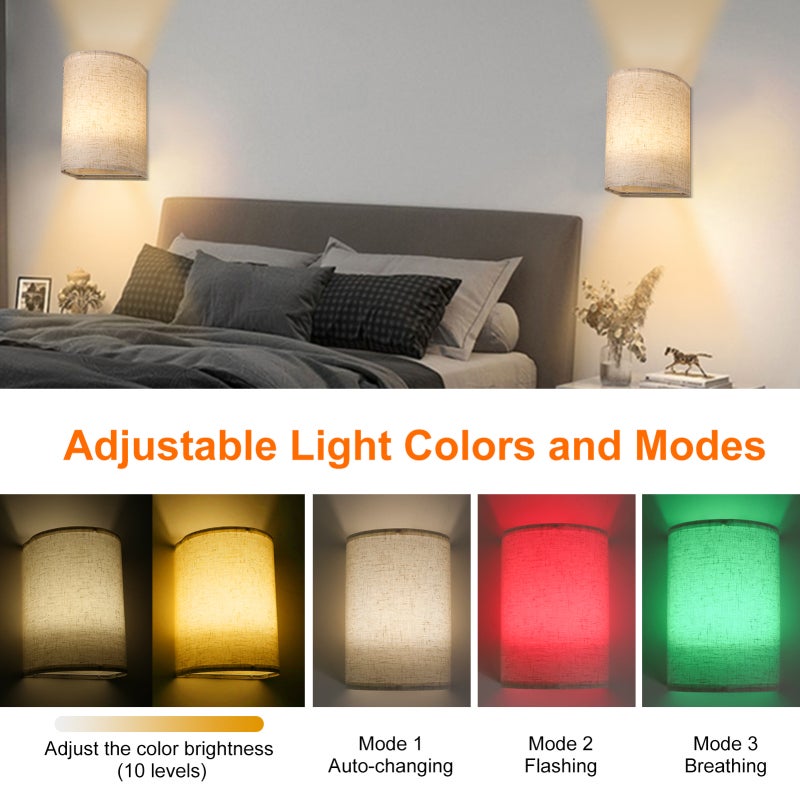 Neoglint RGBW Retro Wall Lamp Fabric Shade Wall Sconce Dimmable Wall Light Fixtures with Remote Controller for Bedroom Living Room, 2 Packs - Image 4