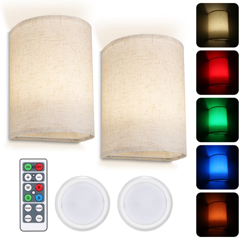 Neoglint RGBW Retro Wall Lamp Fabric Shade Wall Sconce Dimmable Wall Light Fixtures with Remote Controller for Bedroom Living Room, 2 Packs - Image 1