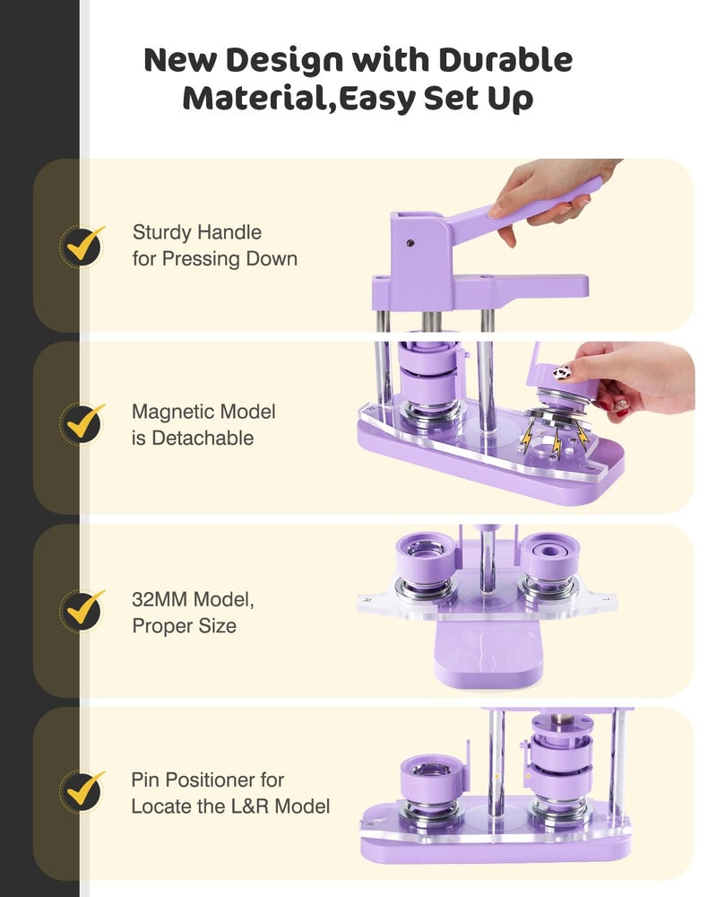 Alldeer Button-Maker-Machine Kit 32mm /1.25 inch, Button Press Machine 32mm, Easy-to-use Rotate Models, Pin Maker Kit with 100 Sets Plastic Supplies, DIY Small Badges, Starting Creative Project - Image 4