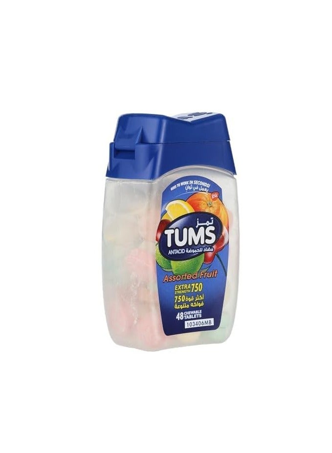 TUMS Antacid Chewable Tablets, Extra Strength For Heartburn Relief & Indigestion, Assorted Fruit, 48 Tablets - Image 2