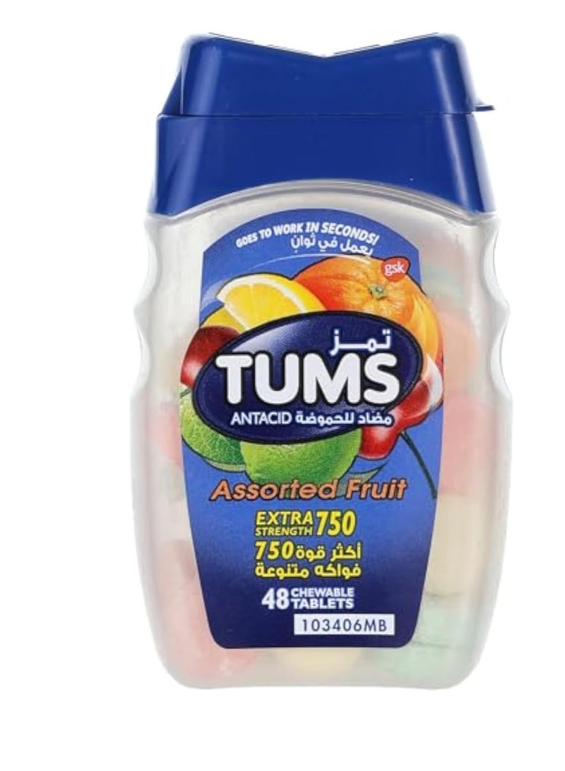 TUMS Antacid Chewable Tablets, Extra Strength For Heartburn Relief & Indigestion, Assorted Fruit, 48 Tablets - Image 1