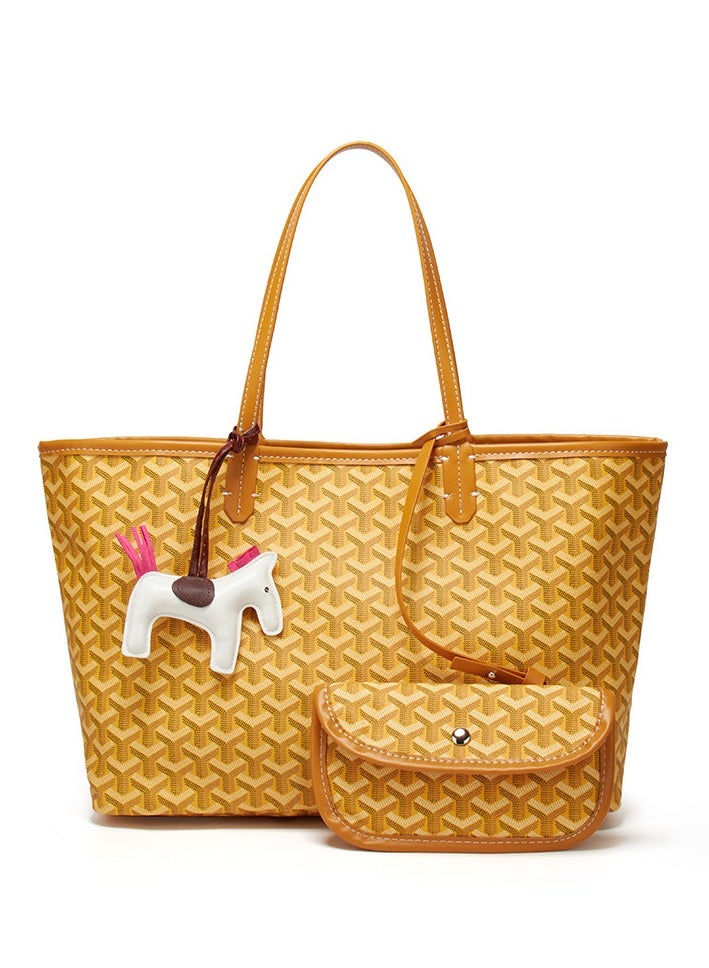 Women's Shoulder Tote Bag Faux Leather Printed Shopper Handbag for Women Large Capacity Messenger Fashionable Travel Shoulder Classic Versatile Style Shopping Bags for Ladies Girls College Students Mummy Pendants Random (Yellow) - Image 2