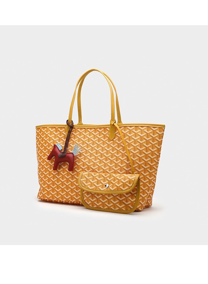 Women's Shoulder Tote Bag Faux Leather Printed Shopper Handbag for Women Large Capacity Messenger Fashionable Travel Shoulder Classic Versatile Style Shopping Bags for Ladies Girls College Students Mummy Pendants Random (Yellow) - Image 5