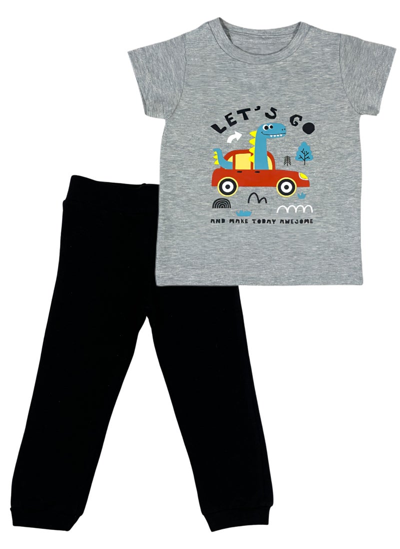 Baby Co. - Dinosaur In Car Set (Grey T-shirt + Black Sweatpants) - Image 1