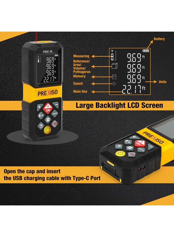 PREXISO Laser Measure, 265Ft Rechargeable Laser Distance Meter with Multi-Measurement Units M/In/Ft, Backlit LCD 4 Line Display, and Pythagorean, Distance, Area, Volume Modes - Image 5