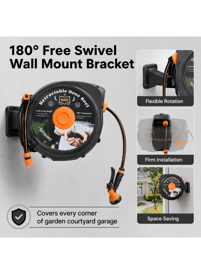 GearZone 20M Wall Mounted Retractable Garden Hose Reel Auto Rewind Water Hose Reel with Multi-Pattern Spray Nozzle, 180° Swivel Bracket & Lock Any Length Design for Yard Watering Car Washing Outdoor Cleaning - Image 2