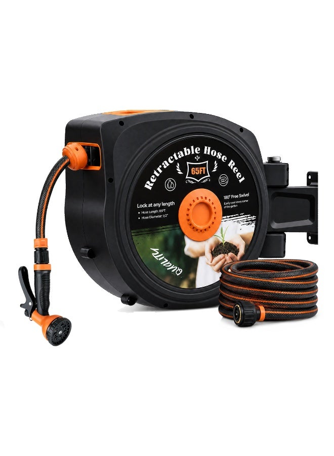 GearZone 20M Wall Mounted Retractable Garden Hose Reel Auto Rewind Water Hose Reel with Multi-Pattern Spray Nozzle, 180° Swivel Bracket & Lock Any Length Design for Yard Watering Car Washing Outdoor Cleaning - Image 1