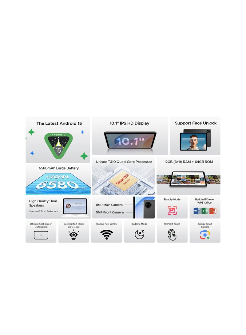 DOOGEE Tab A9 VIP Addition Study Tablet for Kids & Teen, 10.1-Inch IPS HD Display, Android 15, WIFI 5, 12GB RAM (3+9 Extended) & 64GB ROM (2 TB Expandable), 8MP Main & 5MP Front Camera, 6580mAh Battery, Unisoc T310 Quad-core Processor, (with Keyboard, Mouse, stylus), Aurora Black - Image 4