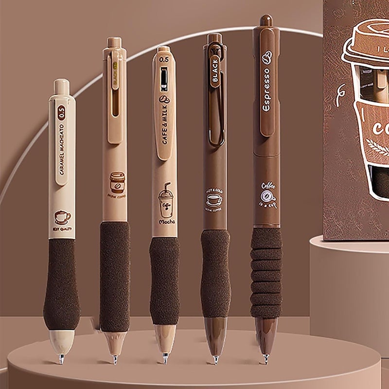 Shuttle Art 5 Pcs Coffee Theme Pen Set 0.5mm Blue Ink Retractable Pens with Soft Rubber Grip | Fine Point Smooth Writing Pens for Journaling, School, Office & Stationery Lovers - Image 4