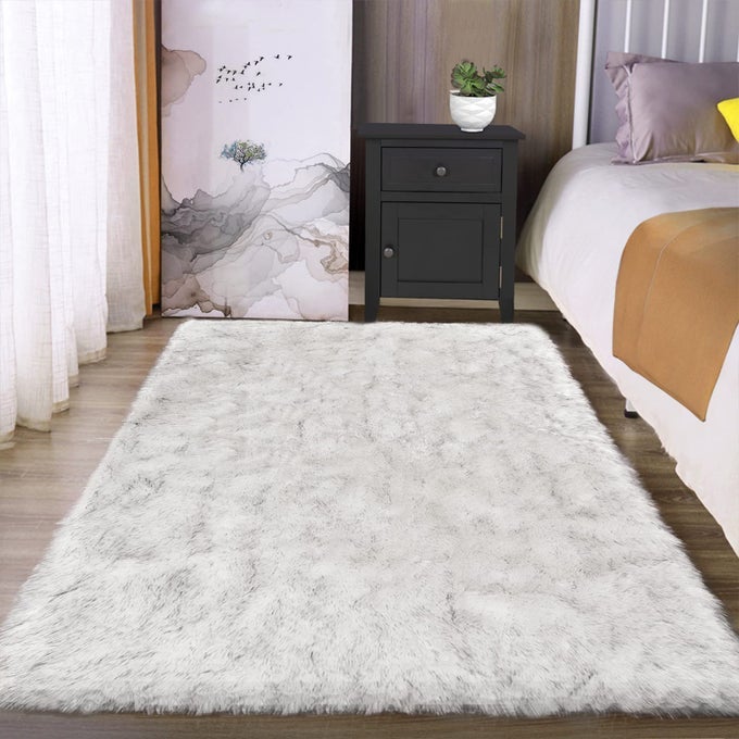 WHITE AND GREY FAUX FUR RUG 3X5 AREA WASHABLE FLUFFY RUGS FOR BEDROOM LIVING ROOM RUGS FOR SOFA CUSHION PET MATS LUXURY HOME DECOR