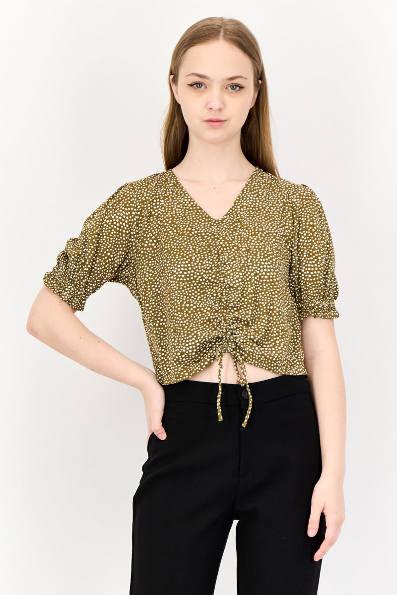 ONLY بلوزة نسائية بأكمام قصيرة على شكل حرف V بنقاط بولكا، متعددة الألوان - Image 1