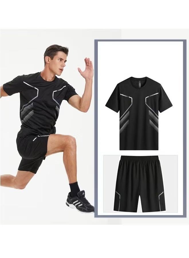 طقم ملابس رياضية رجالي من قطعتين، ملابس جري صيفية سريعة الجفاف، تي شيرت قصير الأكمام وشورت، ملابس تدريب لياقة بدنية، ملابس رياضية خفيفة الوزن للصالة الرياضية والركض وركوب الدراجات والأنشطة الخارجية، اللون: أخضر متدرج - Image 1