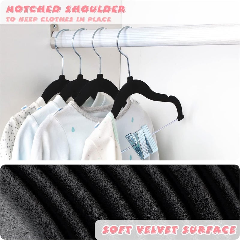 ManGotree 11.8'' Baby Velvet Hangers with Movable Clips, Non-Slip Kids Clothes Hangers (16 Pack, Black) - Image 3