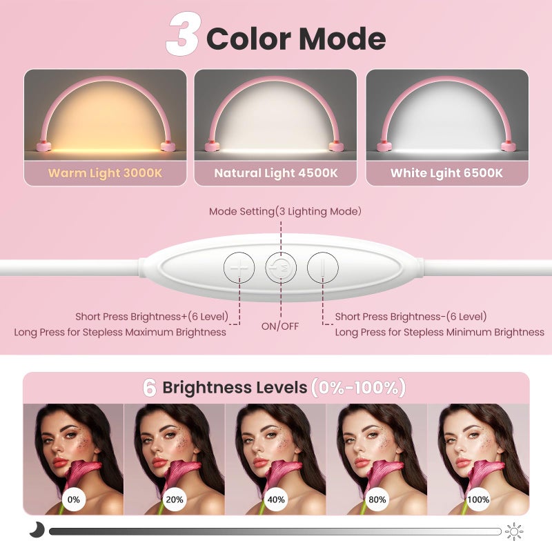 Yokilly Arc Half Moon Light: 16" Half Moon Light with Foldable Bracket for Desk Salon Table Use - No Flicker & Shadow-Free Desk Lamp with Stepless Brightness 3000-6500K for Manicurist Nail Tech - Image 3