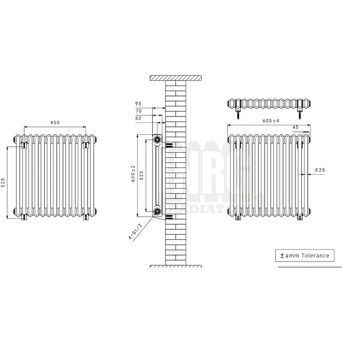 NRG TRADITIONAL RADIATOR BLACK CAST IRON 2 COLUMN HORIZONTAL CENTRAL HEATING BATHROOM RADIATORS 600X605MM - Image 3