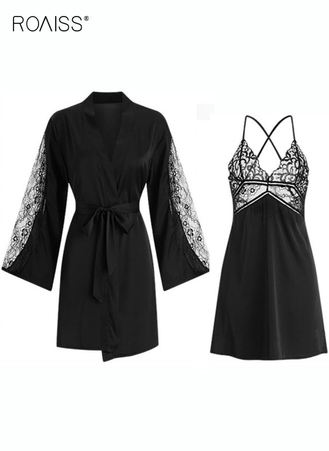 roaiss 2-Piece Set of Women Pajamas with V-Neck Design Women Home Wear Set Same Color Outer Robe and Lace Element Nightgown  - Image 1