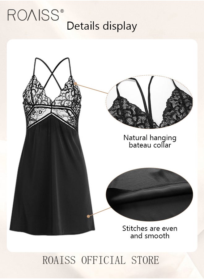 roaiss 2-Piece Set of Women Pajamas with V-Neck Design Women Home Wear Set Same Color Outer Robe and Lace Element Nightgown  - Image 3
