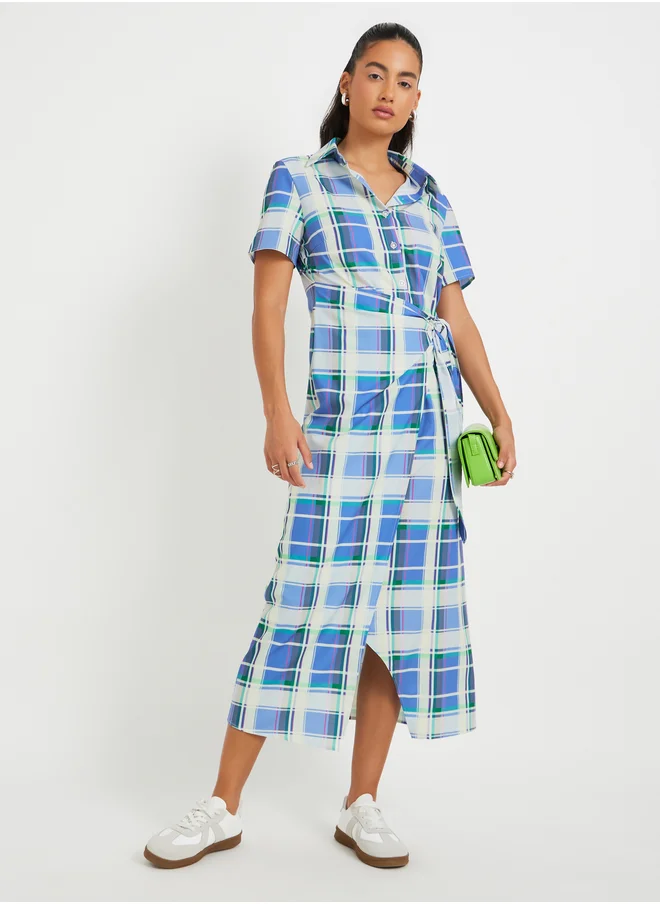 Styli Checked Print Short Sleeve Shirt Midi Dress