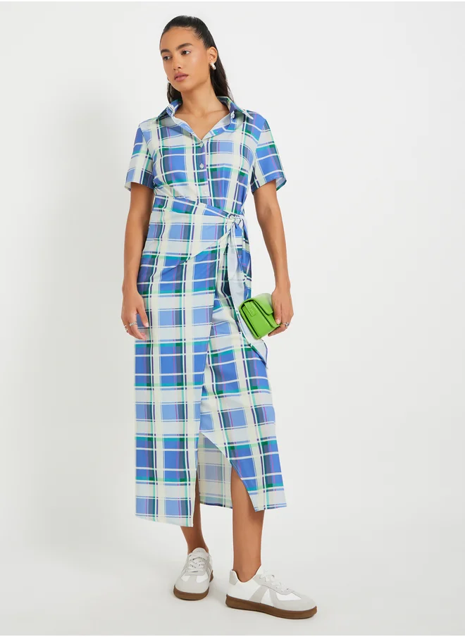 Styli Checked Print Short Sleeve Shirt Midi Dress