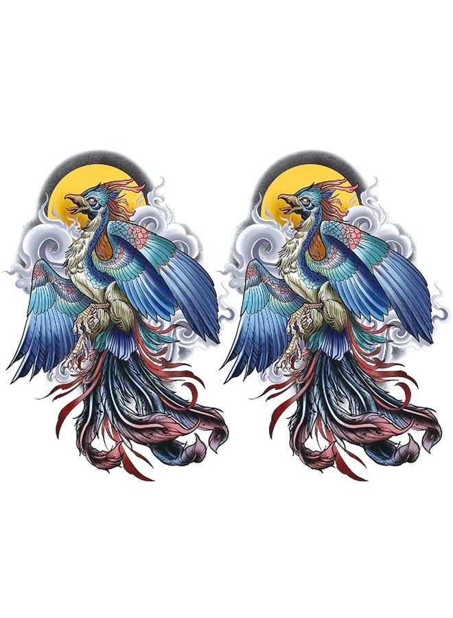 Oottati 2 Sheets Arm Thigh Leg Waterproof Fake Temporary Tattoos Stickers for Men and Women Blue Phoenix Feather