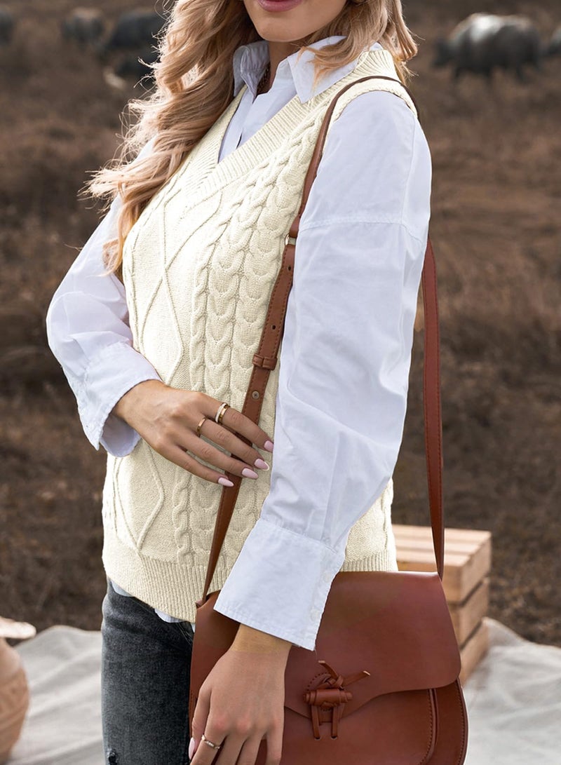 EVALESS Womens Plus Size Sweater Vest V Neck Sleeveless Sweaters for Women Cable Knit Solid Color Tops Loose Casual Soft Sweater Beige Large - Image 4