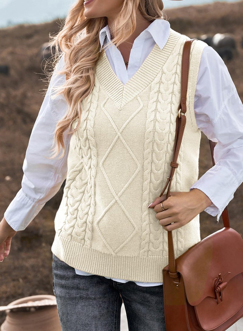 EVALESS Womens Plus Size Sweater Vest V Neck Sleeveless Sweaters for Women Cable Knit Solid Color Tops Loose Casual Soft Sweater Beige Large - Image 2