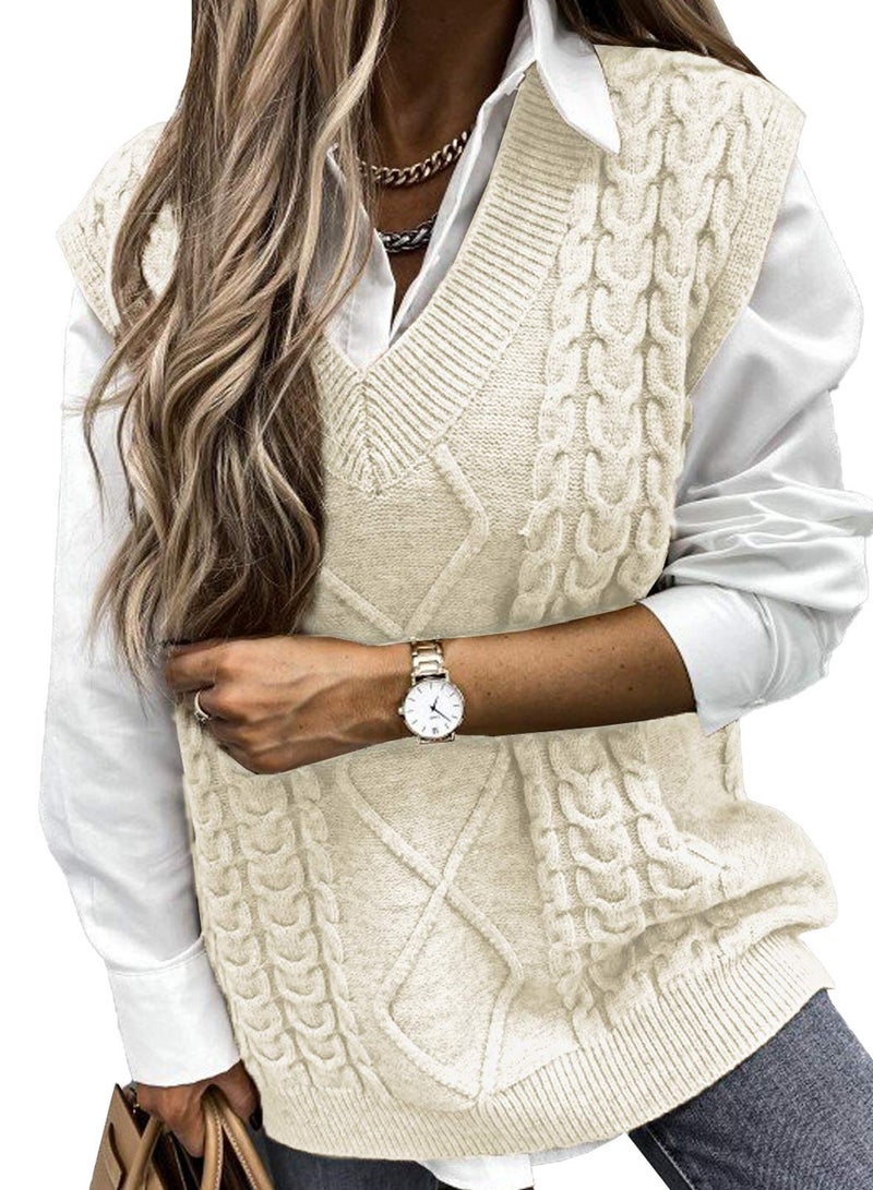 EVALESS Womens Plus Size Sweater Vest V Neck Sleeveless Sweaters for Women Cable Knit Solid Color Tops Loose Casual Soft Sweater Beige Large - Image 1