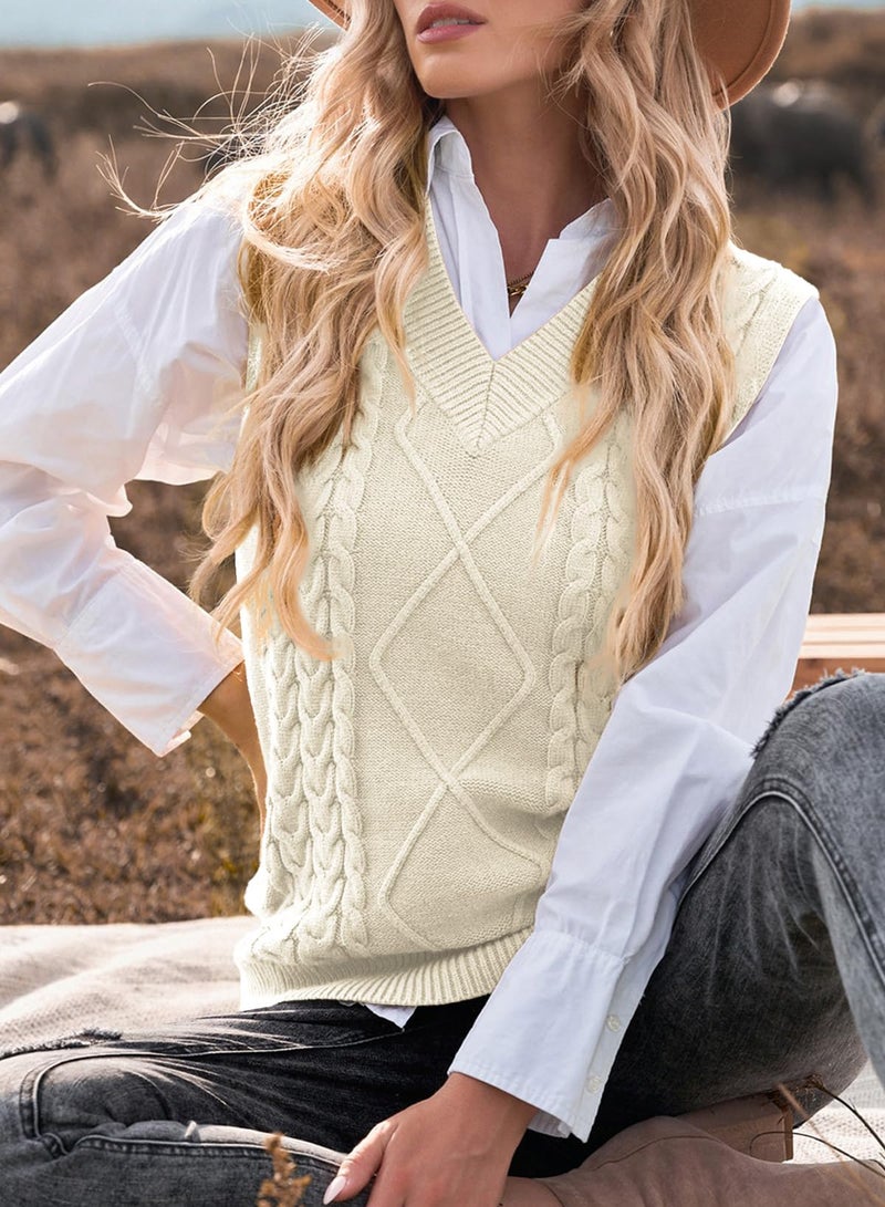 EVALESS Womens Plus Size Sweater Vest V Neck Sleeveless Sweaters for Women Cable Knit Solid Color Tops Loose Casual Soft Sweater Beige Large - Image 3