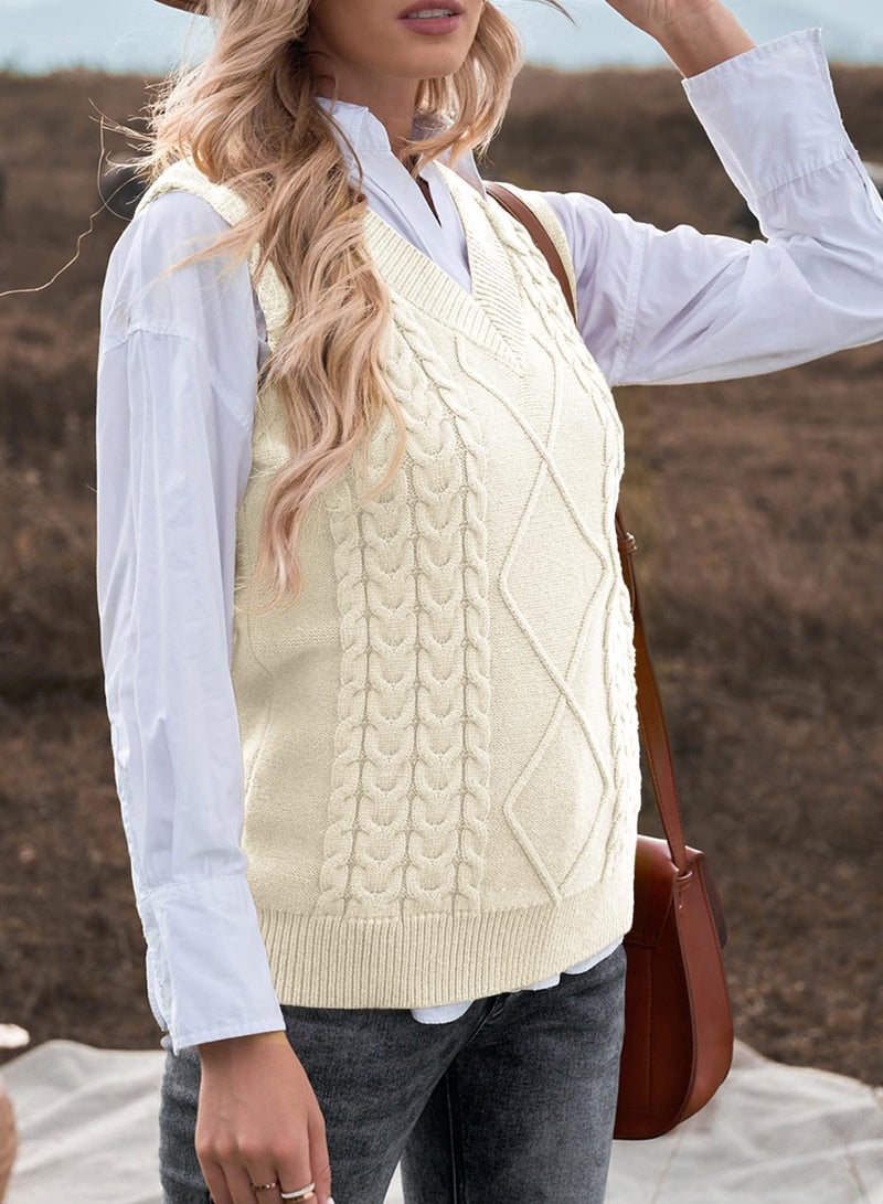 EVALESS Womens Plus Size Sweater Vest V Neck Sleeveless Sweaters for Women Cable Knit Solid Color Tops Loose Casual Soft Sweater Beige Large - Image 5
