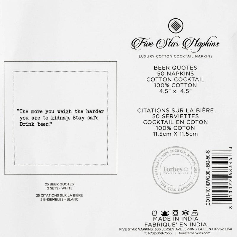 FIVE STAR NAPKINS Five Star Funny Beer Quotes | White Cotton Cocktail Napkins | 50 Luxury Disposable Beverage Napkins with Witty Bar Quotes | Drink Napkins for Parties, Bars, Weddings & Game Nights - Image 5