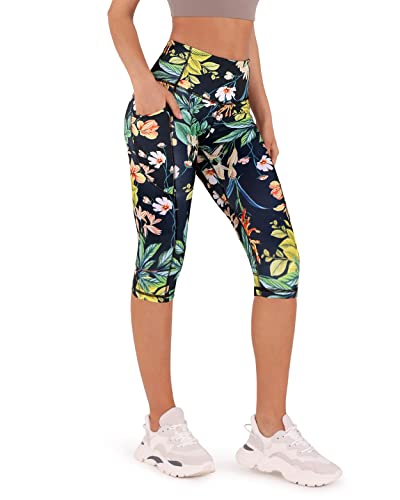 ODODOS Women's High Waisted Printed Yoga Capris with Pocket, Tummy Control Non See Through Workout Sports Running Athletic Capri Leggings, Tropical Flower, Medium - Image 1