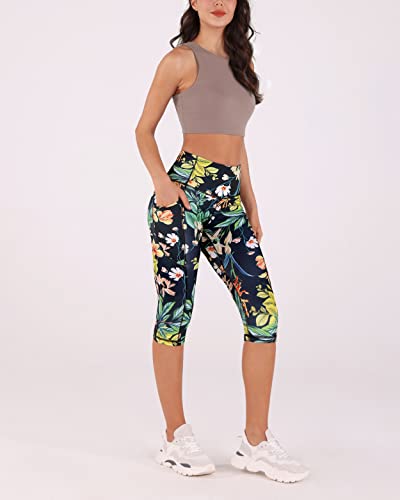 ODODOS Women's High Waisted Printed Yoga Capris with Pocket, Tummy Control Non See Through Workout Sports Running Athletic Capri Leggings, Tropical Flower, Medium - Image 4