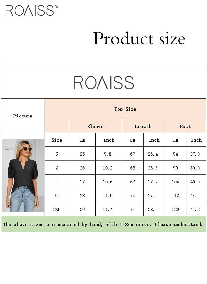 roaiss - Fashion V-Neck T-Shirt For Women'S Daily Commuting Puff Sleeve Hollow Pattern Versatile Version Pullover - Image 1