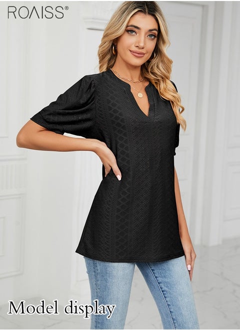 Fashion V-Neck T-Shirt For Women'S Daily Commuting Puff Sleeve Hollow Pattern Versatile Version Pullover